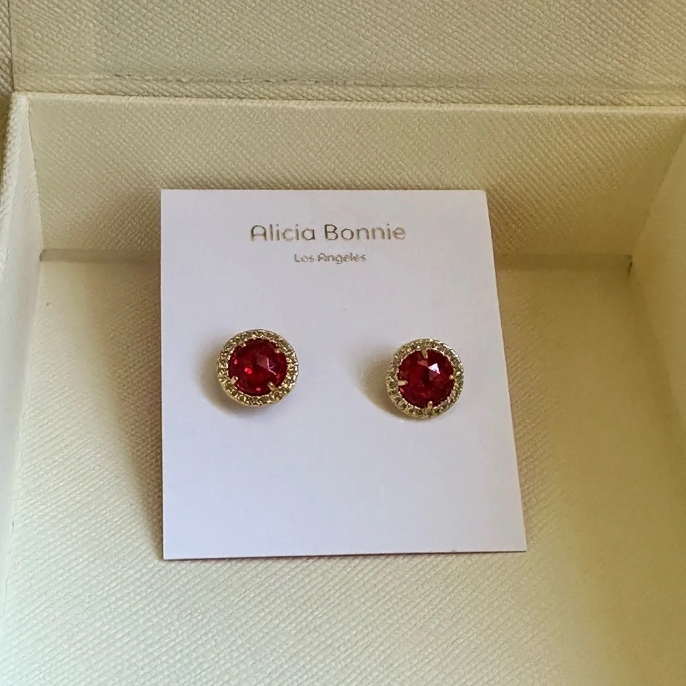 Alicia Bonnie Gold Ruby CZ Stud Earrings - Picture 2 of 10